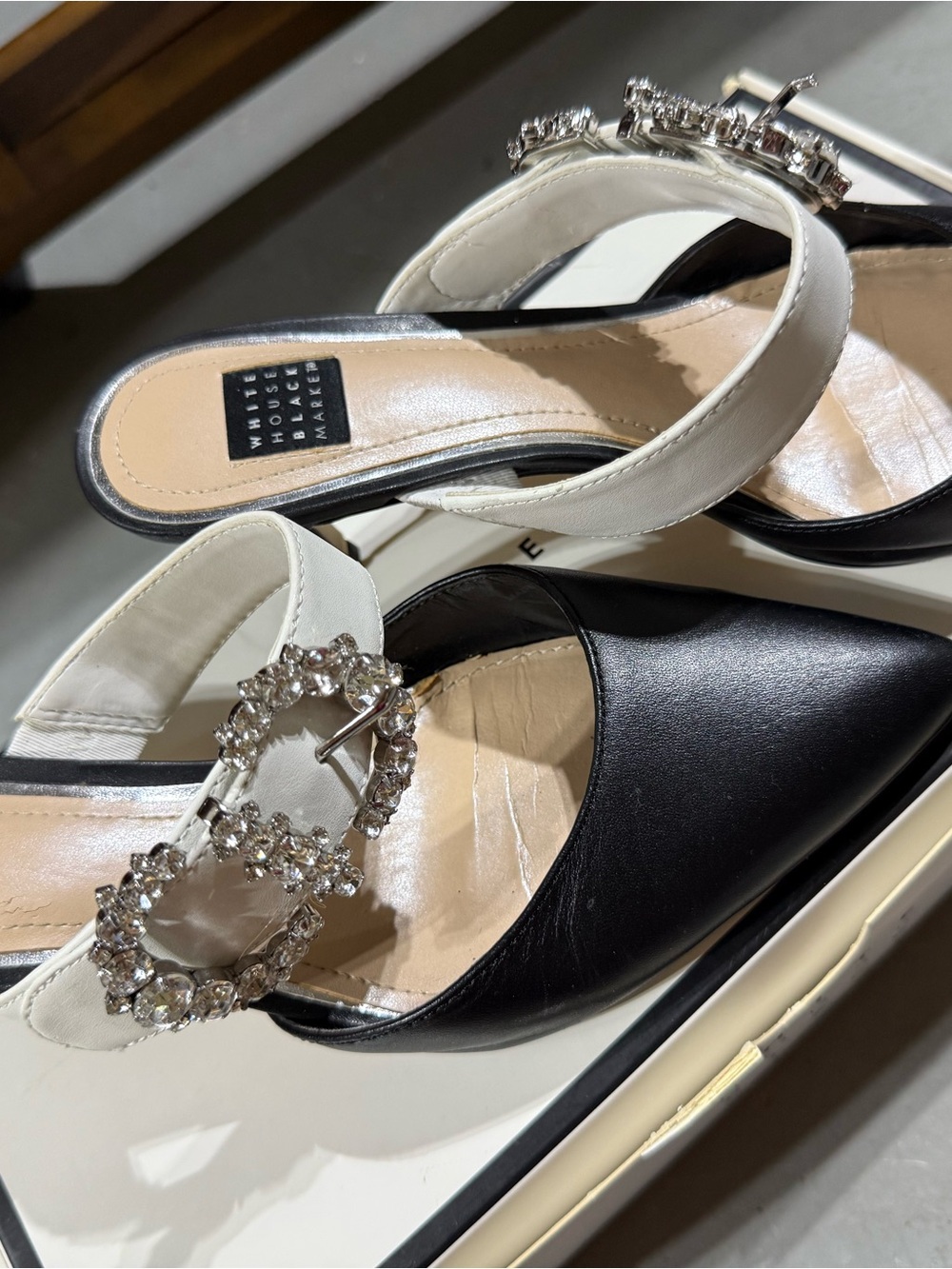 White House Black Market Black and White Jeweled Buckle Slingback Mules